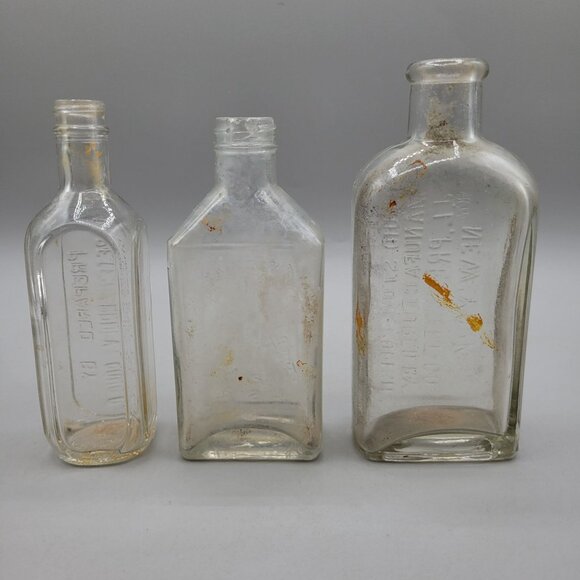 Antique Glass Bottles Clear Embossed Set of 3 - Picture 3 of 12